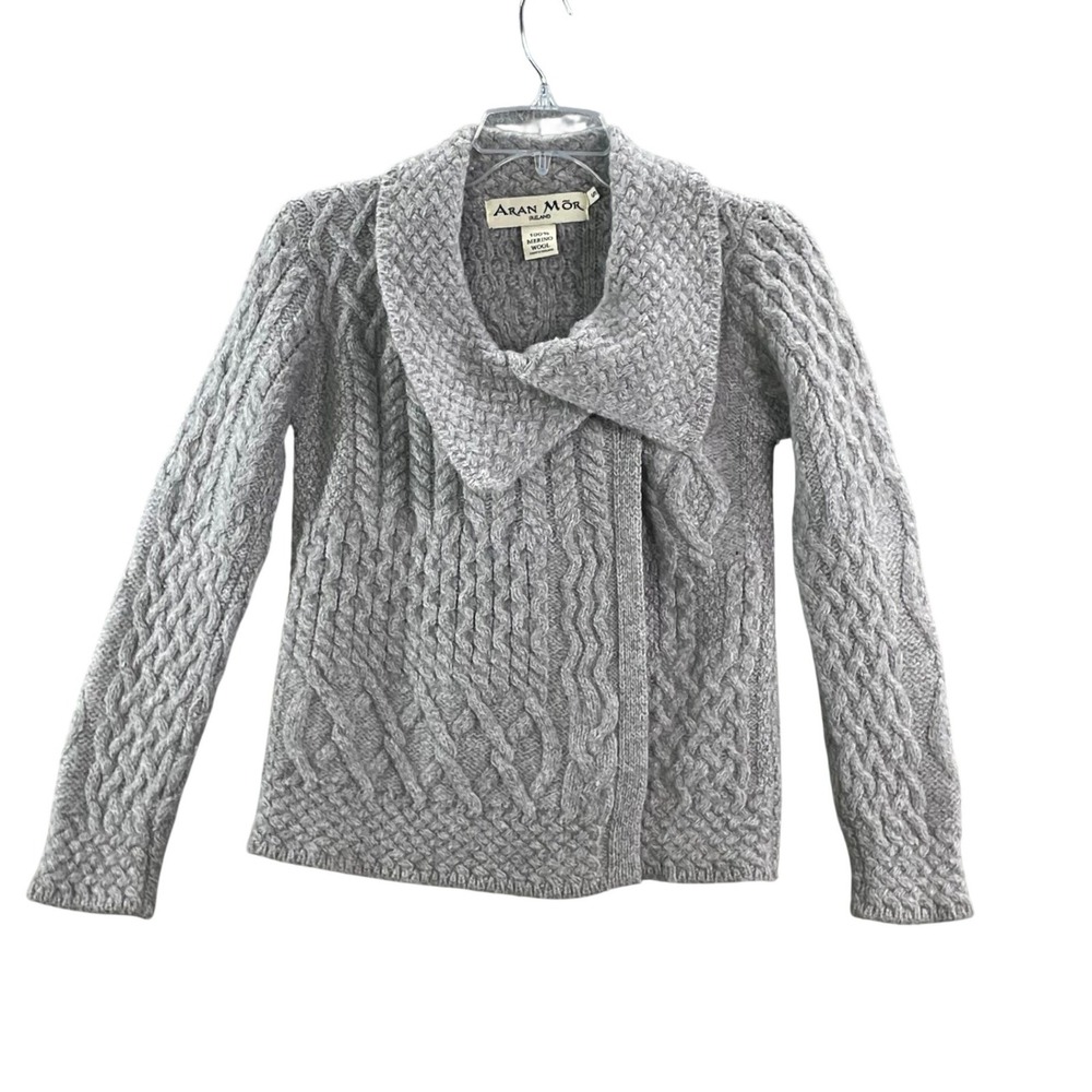 Aran Mor Cardigan Womens S Gray‎ Merino Wool Cable Knit Ireland Wrap Sweater